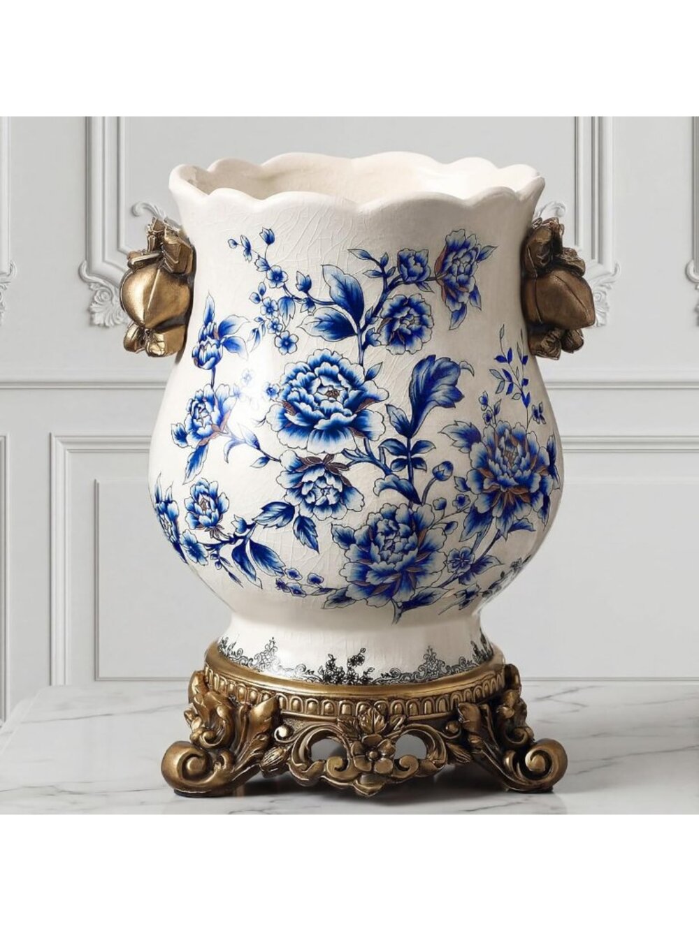 Vintage Blue & White Ceramic Vase, Gold Pedestal Chinoiserie Floral Urn, 8.3